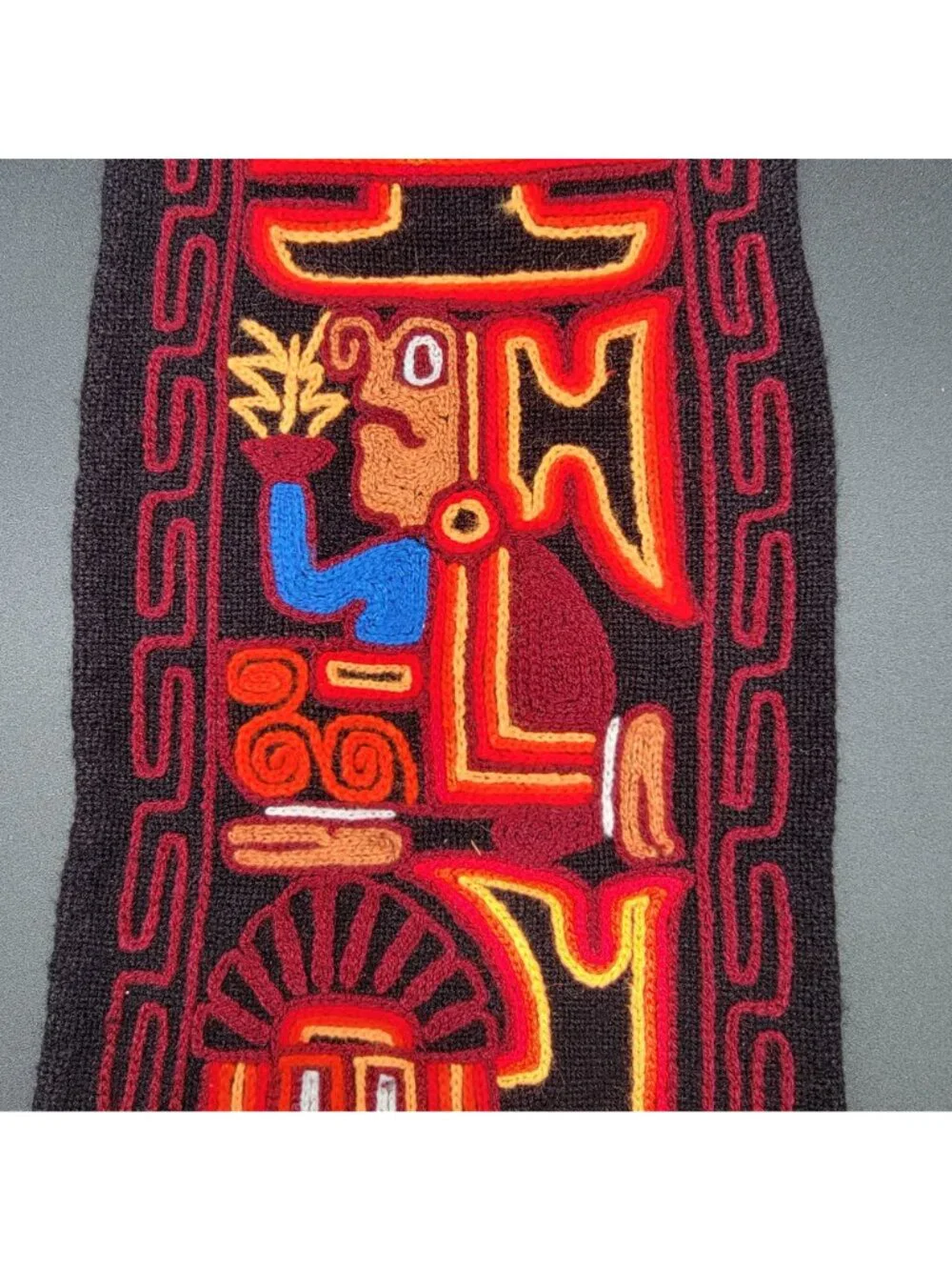 Vintage Peruvian Inca Folk Art Embroidered Wool Wall Hanging Red-Black Tapestry